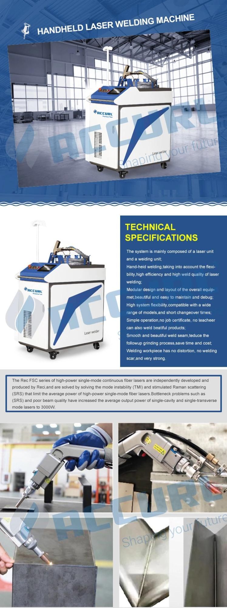 500W/100W/2000W/3000W Hand-Held Fiber Laser Welding Machine Laser Welder for Meta