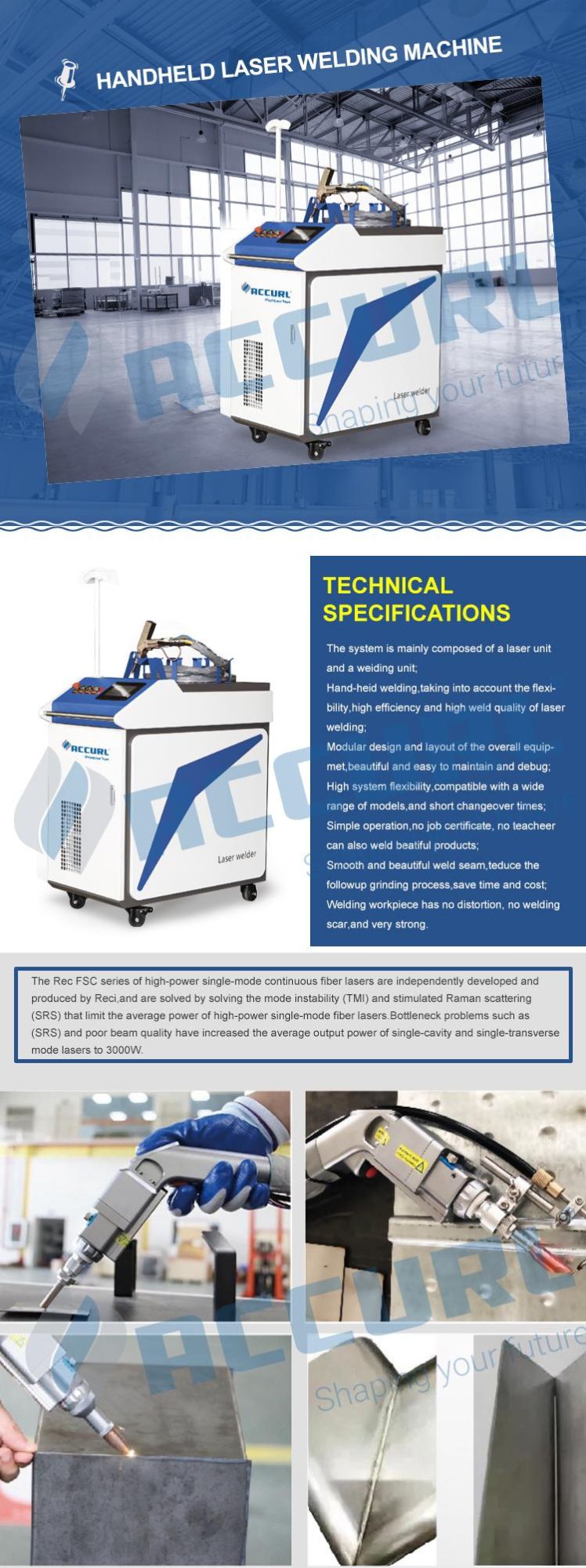 Accurl Handheld Fiber Laser Welding Machine 1000W 1500W for Stainless Steel