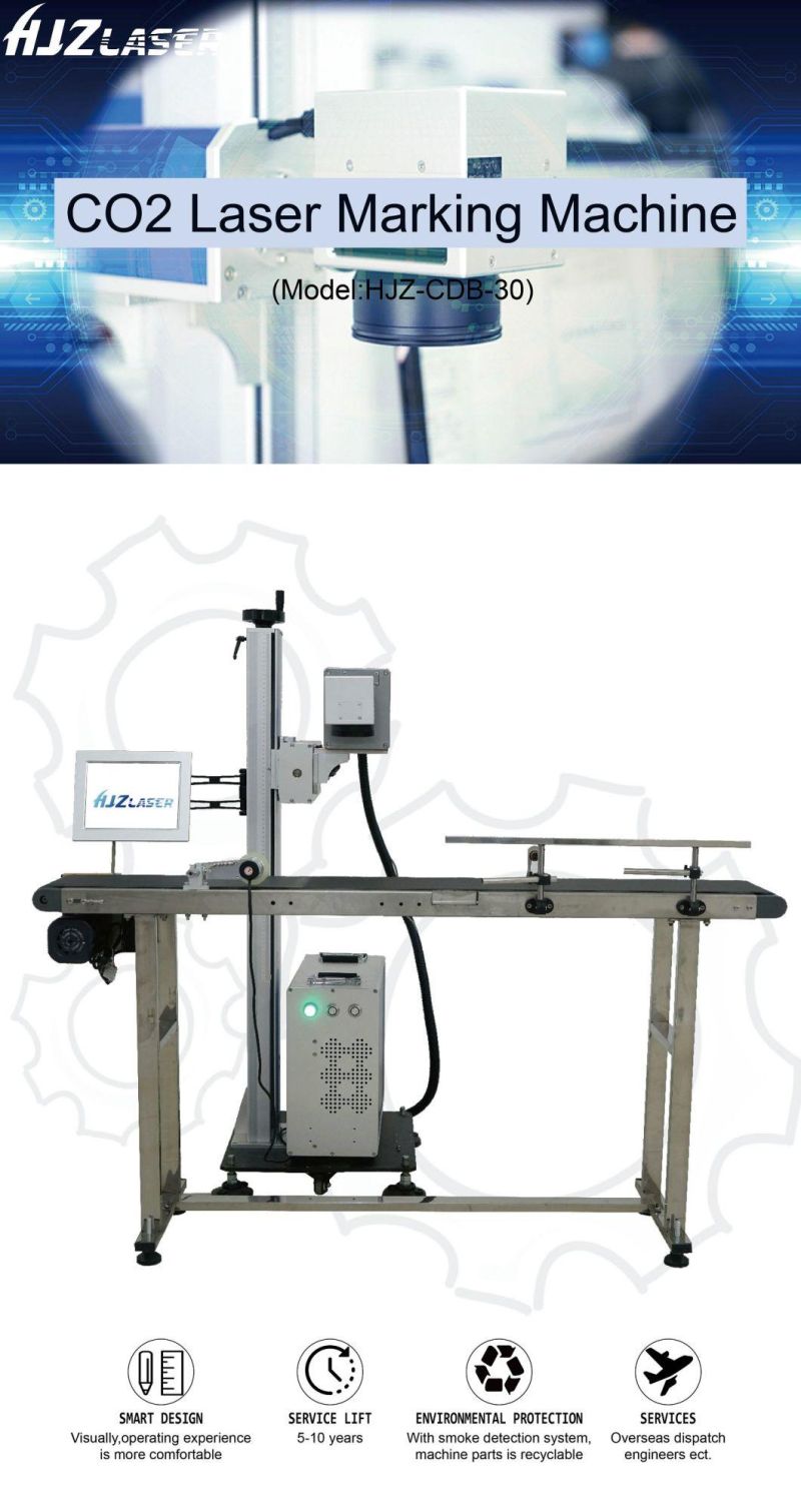30W/50W CO2 Flying Laser Marking/Printing/Engraving/Cutting Machine for Wood/Food/Water Bottles/Paper/Carton Boxes