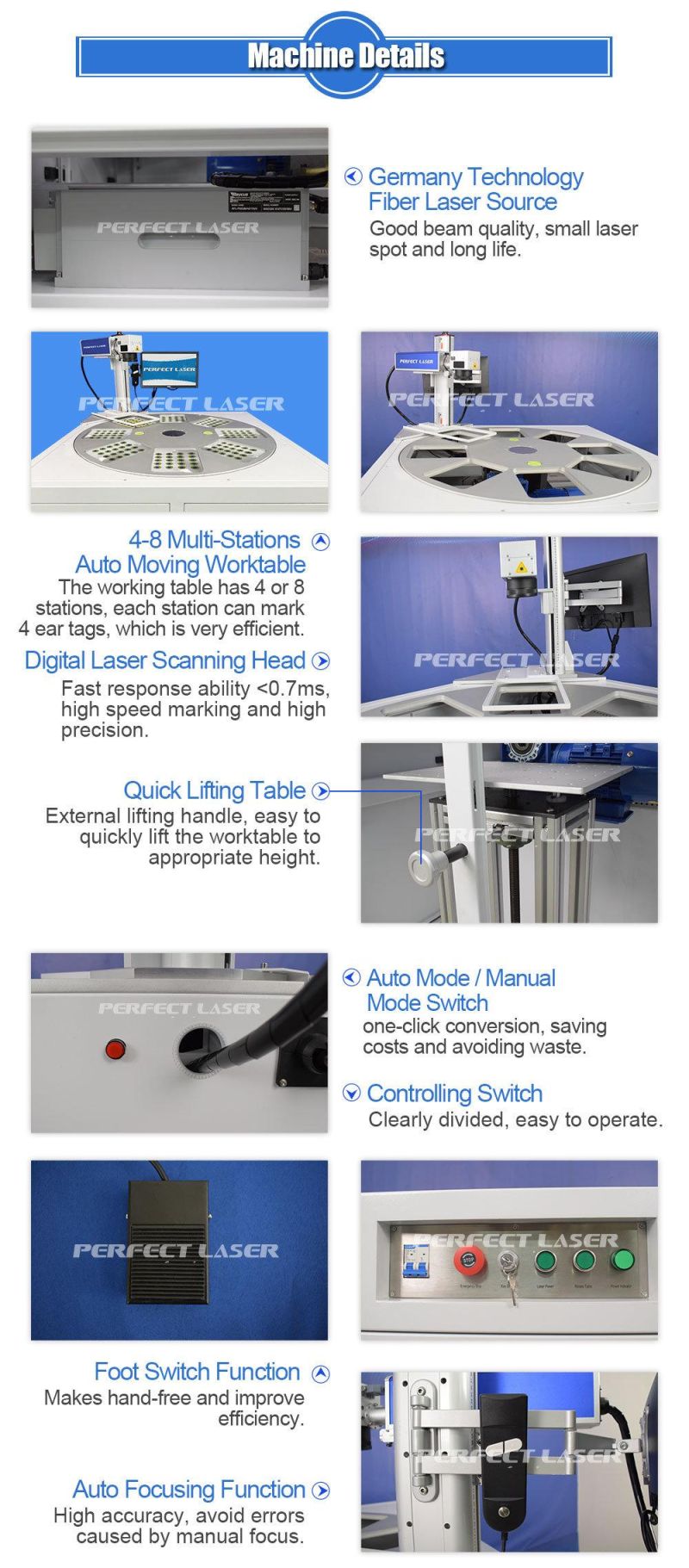 4-8 Multi-Stations Automatic Moving Worktable Fiber Laser Marking Machine 20W 30W 50W for Animal Ear Tags & Mass Production