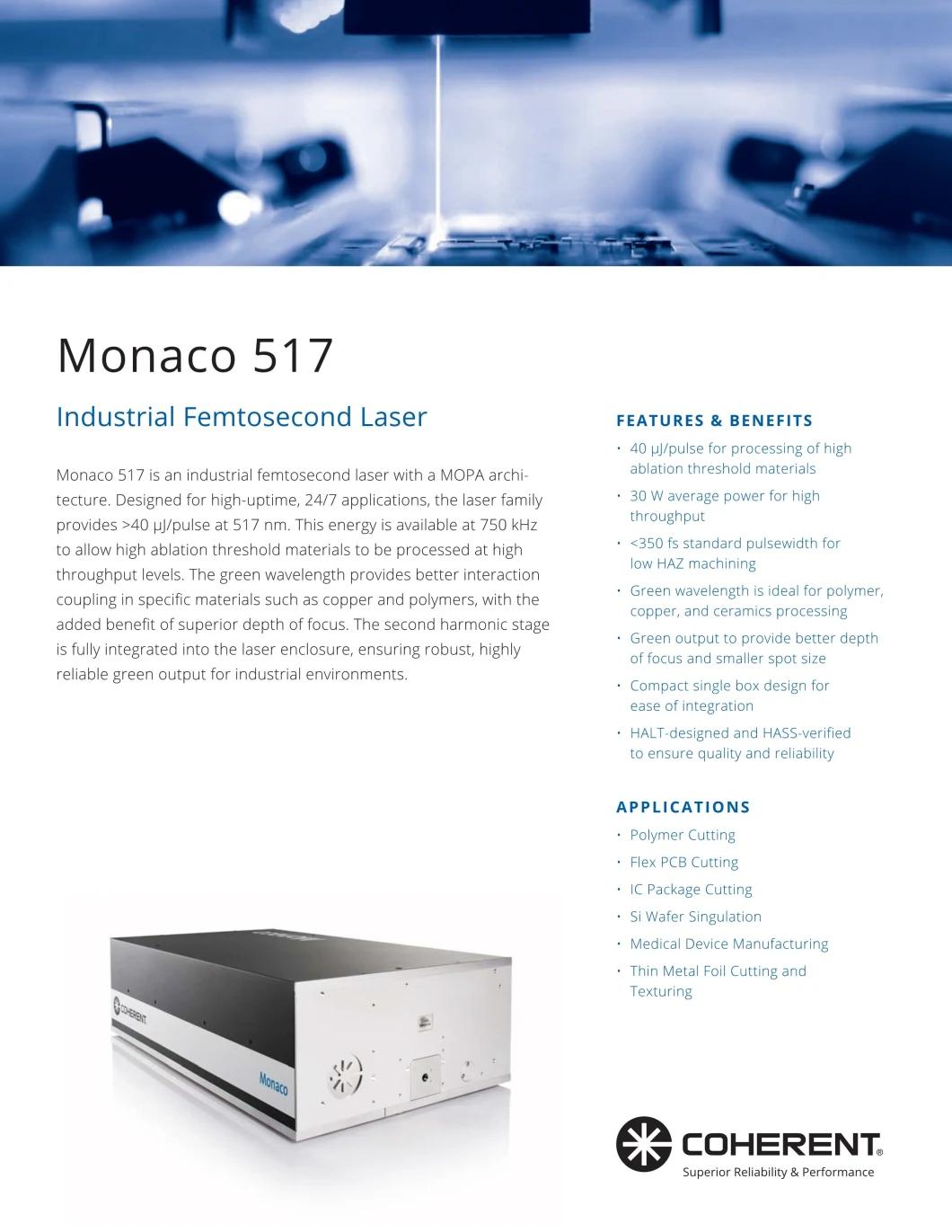 Used Coherent Ultrashort Pulse Lasers, Monaco 517-40-30 Advanced, High-Power Femtosecond Lasers